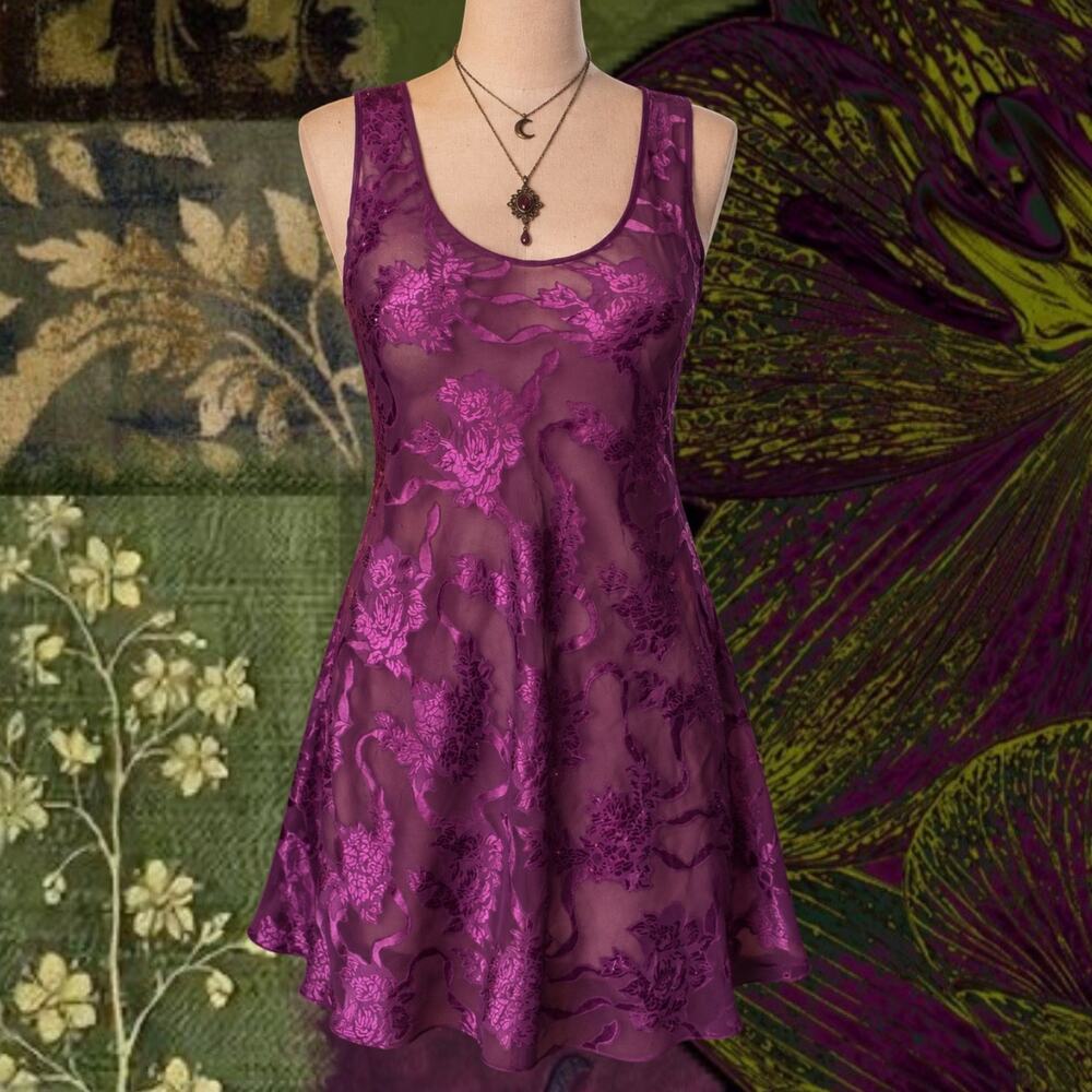 90s Victoria’s Secret Purple Burnout Floral Sheer Mini Slip Dress M